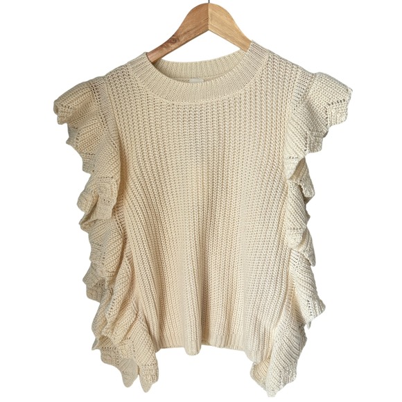 Ruffle Sleeve Knit Top Cream Sleeveless Sweater Casual Cute Comfy - Picture 1 of 13